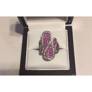 New Sparkling Silver Round Fuschia & White Swirl Ring